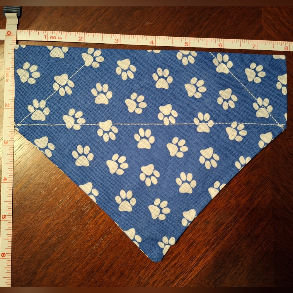 Over Collar Small Handmade Blue Dog Bandana with White Paw Prints